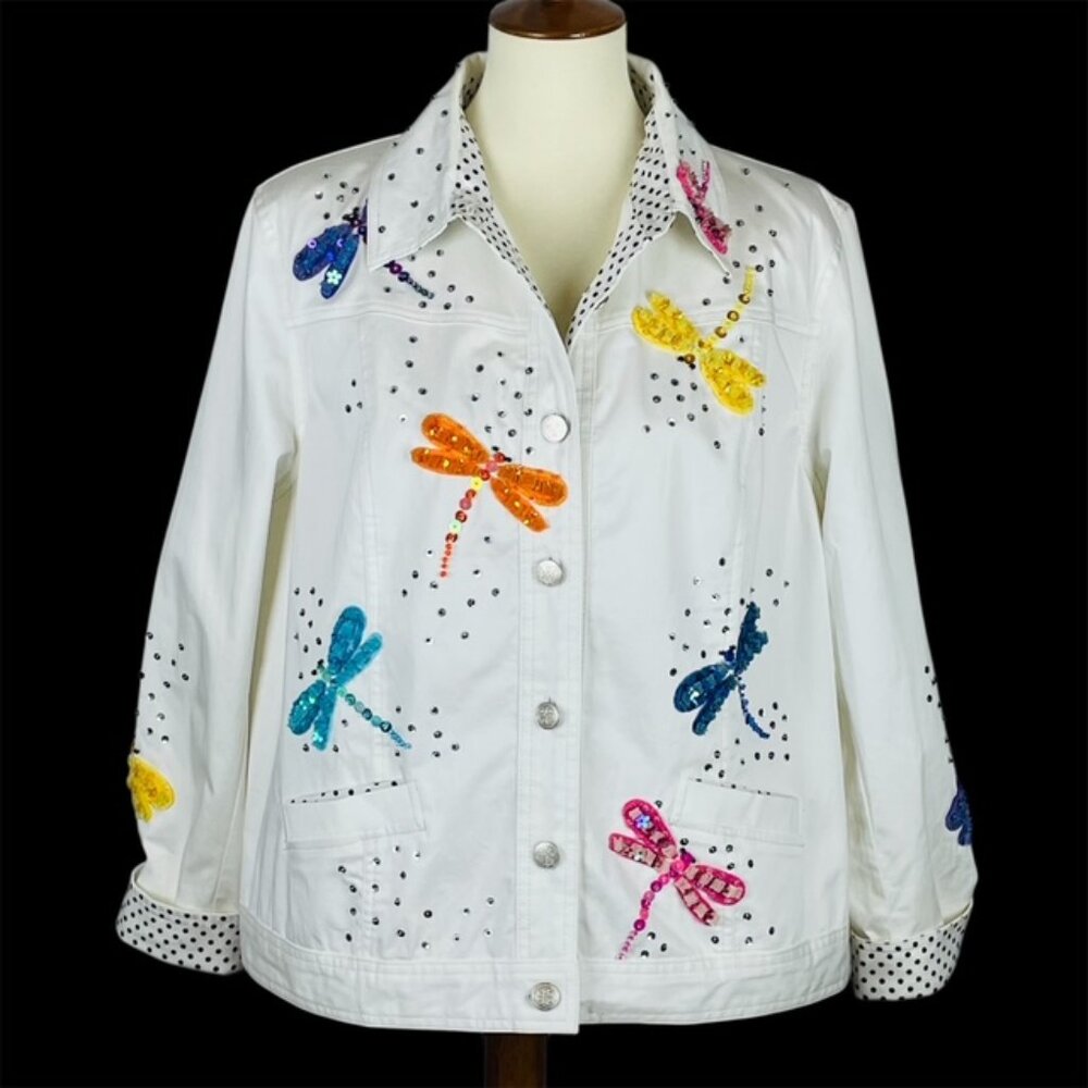 Vtg Design Options Dragonfly Jacket Sz XL White Stretch Embroidery Sequins Artsy